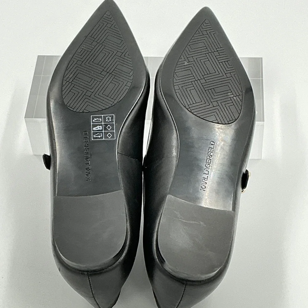 Karl Lagerfeld Paris Size 7 Black Leather Mary Jane Flats Gold Studs Veyda